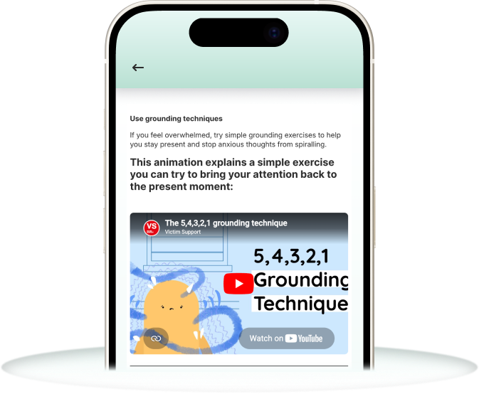 My Support Space app screen displaying an article titled 'How to sleep better after experiencing crime', sourced from Victim Support, with an embedded video showing an illustrated character with tangled thoughts.