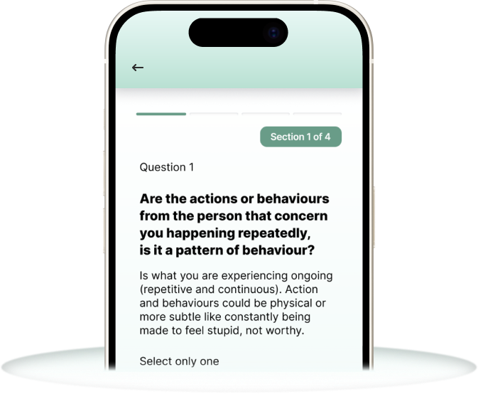 My Support Space app screen showing Section 1 of 4 of an assessment, with Question 1 asking whether concerning behaviours from another person are happening repeatedly as a pattern of behaviour.
